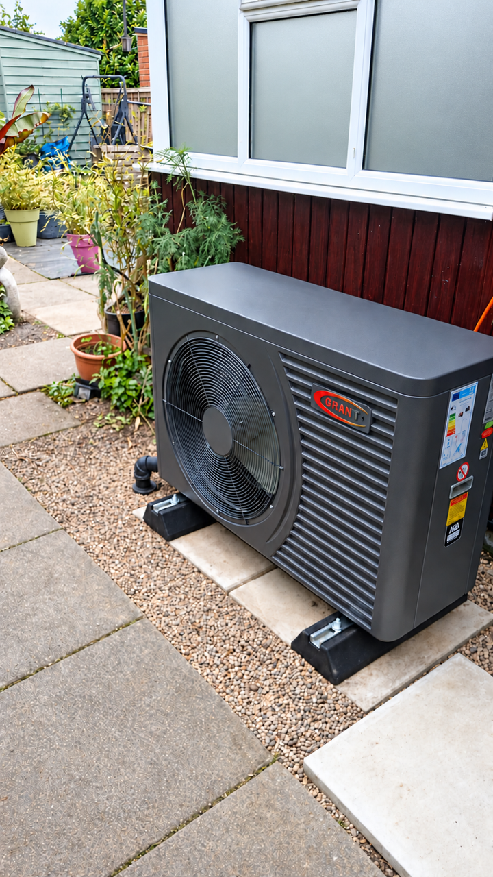 Grant air source heat pump installed on anti-vibration feet beside a home's garden path