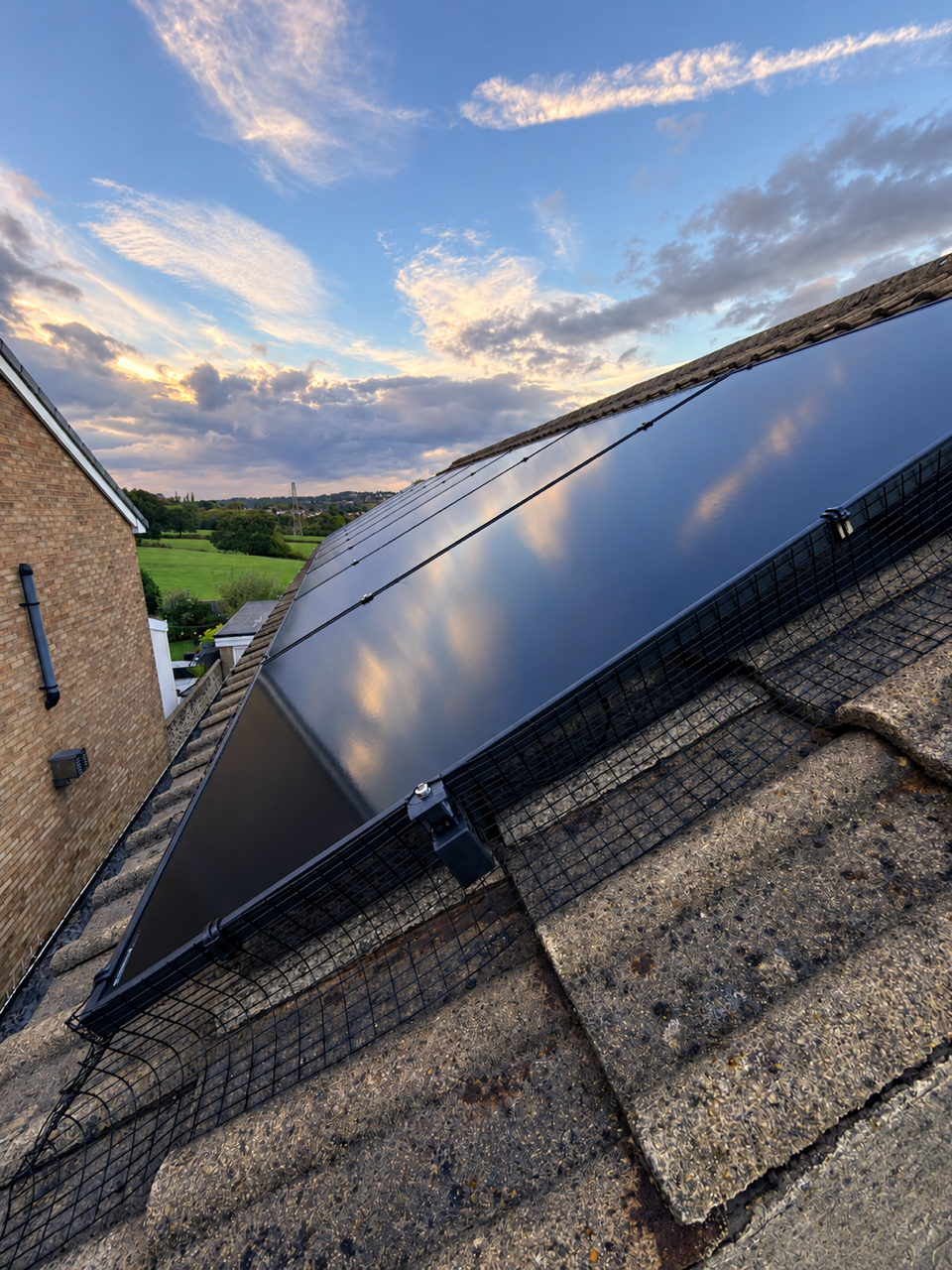 All-black solar panels on a tiled roof with black bird protection mesh fitted around the edge